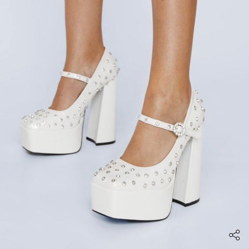 White patent leather with rhinestone encrusted chunky heels Mary Jane